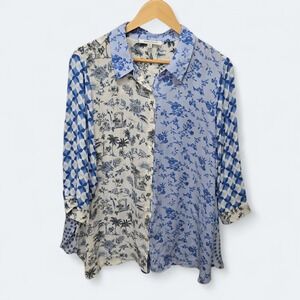 Rose + Olive 1X‎ Tunic 3/4 Sleeve Blue/White Sheer Animal Design